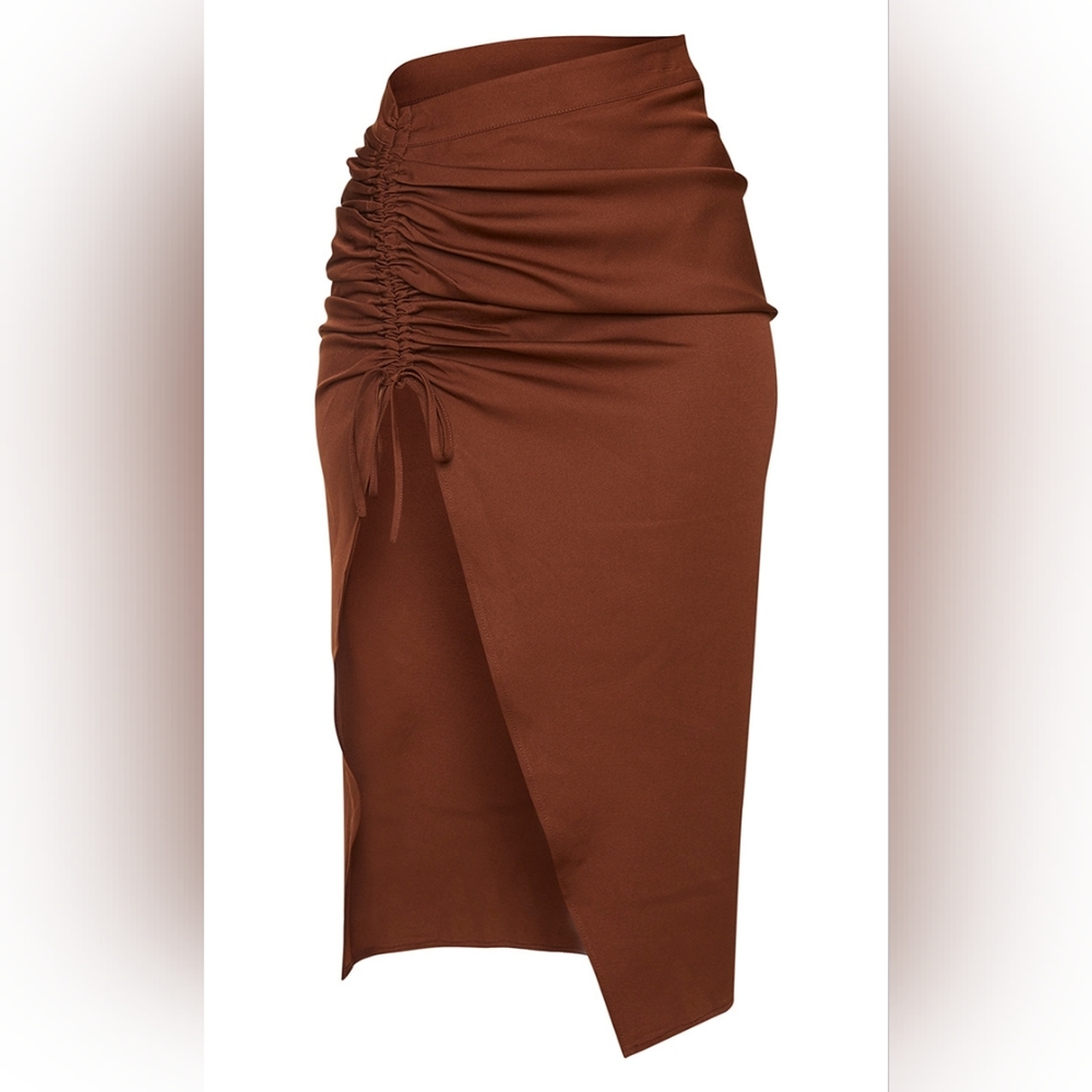 Chocolate Woven Ruched Detail Midi Skirt